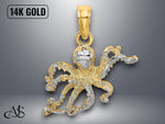 Load image into Gallery viewer, 14K Yellow Gold Textured Octopus Charm with Necklace Chain Options