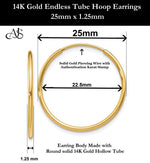 Load image into Gallery viewer, Gold Endless Hoop Earrings 10K and 14K - Extra-Small to Extra-Large Sizes Lightweight Thin 1.25mm