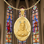 Load image into Gallery viewer, Jesus on Oval Radiant Cut Disc Engravable Pendant in 14K Yellow Gold Satin Finished with Necklace Chain Options