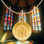 Load image into Gallery viewer, Caridad del Cobre Engravable Round Medal Pendants in 14K Yellow Gold Satin Finished with Necklace Chain Options