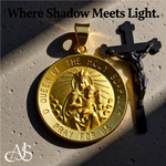 Load image into Gallery viewer, Queen of the Holy Scapular Round Medal Pendants in 14K Yellow Gold Satin Finished with Necklace Chain Options