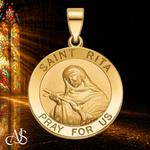 Load image into Gallery viewer, 14k Solid Gold St. Rita Medal, Round Saint Rita Pendant, Polished Yellow Gold Catholic Medal