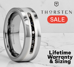 Load image into Gallery viewer, Mens Comfort Fit Flat Tungsten Wedding Band - Brushed Silver Inlay Center - 9 Channel Set Black Diamonds - 8mm Wide - Style name: BLACKSTONE - Lifetime Warranty
