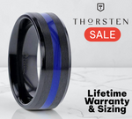 Load image into Gallery viewer, Mens Comfort Fit -Beveled Black Ceramic Brushed Finish Wedding Band - Polished Blue Stripe - 8mm wide - Style name: DECLAN