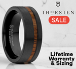 Load image into Gallery viewer, Mens Titanium Off-Set Koa Wood Inlaid Black Wedding Ring - Flat Polished Comfort Fit - 8mm Wide - Style name: DARING