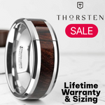 Load image into Gallery viewer, Mens Tungsten Carbide Bubinga Wood Inlaid Wedding Ring - Beveled Comfort Fit - 8mm Wide - Style name: KEVAZ