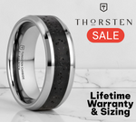 Load image into Gallery viewer, Mens Black & Gray Lava Rock Stone Inlay Tungsten Wedding Ring - Polished Beveled Edges Comfort Fit - 8mm Wide - Style name: KILAUEA