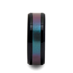 Load image into Gallery viewer, Mens Comfort Fit Beveled Black Ceramic Ring - Blue-Purple Color Changing Inlay -6mm 8mm 10mm Wide - Style name: BARRACUDA - Lifetime Warranty
