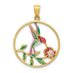 Load image into Gallery viewer, 14K Yellow Gold Enameled Hummingbird & Flower Round Frame Pendant