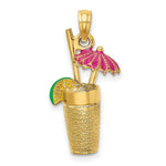 Load image into Gallery viewer, 14K Yellow Gold 3-D Cocktail Drink With Fuschia Enamel Umbrella & Lime Charm Pendant