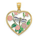 Load image into Gallery viewer, 14K Yellow Gold Enamel Dragonfly & Flower in Heart Charm Pendant