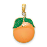 Load image into Gallery viewer, Orange Fruit With Stem & Leaf / 2-D- 14K Yellow Gold Enameled Pendant