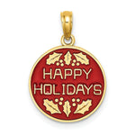 Load image into Gallery viewer, 14K Yellow Gold With Enamel HAPPY HOLIDAYS With Holly On Round Disc Charm Pendant