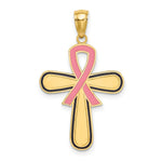 Load image into Gallery viewer, 14K Yellow Gold Enamel Pink Ribbon Breast Cancer Cross