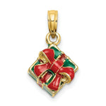 Load image into Gallery viewer, 14K Yellow Gold 3-D With Enamel GREEN GIFT BOX With RED BOW Charm Pendant