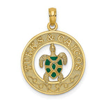Load image into Gallery viewer, 14K Yellow Gold TURKS & CAICOS On Round Frame With Enamel Turtle Charm Pendant