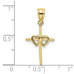 Load image into Gallery viewer, 14K Yellow Gold Polished DOUBLE HEARTS ON Stick Cross Charm Pendant