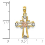 Load image into Gallery viewer, 14K Tri-Color Gold Cross With Flower & Heart Charm Pendant