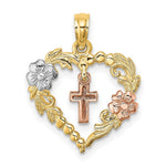 Load image into Gallery viewer, 14K Tri-Color Gold Heart With Dangle Cross & Flowers Charm Pendant