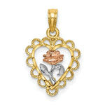Load image into Gallery viewer, 14K Tri Color Heart With Rose & Lace Trim Charm Pendant