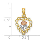 Load image into Gallery viewer, 14K Tri Color Heart With Rose & Lace Trim Charm Pendant