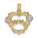 Load image into Gallery viewer, 14K Tri-Color Gold Mom Banner In Heart With Flower Charm Pendant