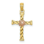 Load image into Gallery viewer, 14K Two-Tone Gold Twisted Cross With Flower Charm Pendant