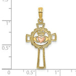 Load image into Gallery viewer, 14K Two-Tone Gold Cross With Claddagh & Heart Charm Pendant