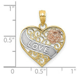 Load image into Gallery viewer, 14K Tri-Color Gold Love Banner on Filigree Heart Charm Pendant