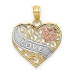 Load image into Gallery viewer, 14K Tri-Color Gold Love Banner on Filigree Heart Charm Pendant