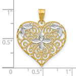 Load image into Gallery viewer, 14K Yellow Gold with White Rhodium Cut-Out Filigree Flower with Heart Charm Pendant