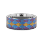 Load image into Gallery viewer, Mens Flat Titanium with Purple, Blue, and Gold Diamond Pattern Wedding Ring - 8mm Wide - Style name: MAJESTIC