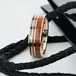 Load image into Gallery viewer, Mens Smoked Rose Gold Tungsten Ring with Hawaiian Koa Wood Abalone & Guitar String Wedding Ring - 8mm Wide - Style name: MOANA