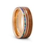 Load image into Gallery viewer, Mens Smoked Rose Gold Tungsten Ring with Hawaiian Koa Wood Abalone & Guitar String Wedding Ring - 8mm Wide - Style name: MOANA