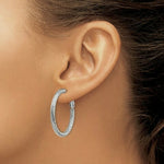 Load image into Gallery viewer, 14K 3x25mm White Gold Diamond-cut Round Omega Back Hoop Earrings