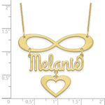 Load image into Gallery viewer, Roy Rose Jewelry Custom Made Infinity Necklace Personalized with Name, 42mm Size Pendant (1.65" inches) with Dangle Heart, in 10K Yellow Gold and Optional 16", 18", or 20" Chain Necklace