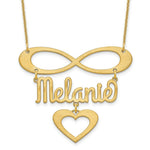 Load image into Gallery viewer, Roy Rose Jewelry Custom Made Infinity Necklace Personalized with Name, 42mm Size Pendant (1.65" inches) with Dangle Heart, in 10K Yellow Gold and Optional 16", 18", or 20" Chain Necklace