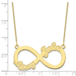 Load image into Gallery viewer, Roy Rose Jewelry Custom Made Infinity Necklace Personalized with 2 Names, 40mm Size Pendant, in 10K Yellow Gold and Optional 16", 18", or 20" Chain Necklace