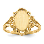 Load image into Gallery viewer, Open Back Oval Heart Decorative Edge Ladies Signet Ring Custom Personalized with Free Engraving Available of Initials in Solid 14K Yellow Gold