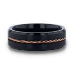 Load image into Gallery viewer, Mens Rose Gold Braided Brushed Center Black Tungsten Wedding Band - Polished Beveled Edges - 8mm Wide - Style name: ADELARD