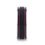 Load image into Gallery viewer, Mens Wire Finish Centered Black Tungsten Wedding Band - Double Red Stripe Polished Beveled Edges - 8mm Wide - Style name: OLIS
