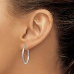 Load image into Gallery viewer, 14K White Gold Satin & Diamond-cut 2mm Round Hoop Earrings 25mm length