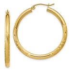 Load image into Gallery viewer, 14K Yellow Gold Satin & Diamond-cut 3mm Round Hoop Earrings 35mm length