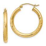 Load image into Gallery viewer, 14K Yellow Gold Satin & Diamond-cut 3mm Round Hoop Earrings 25mm length