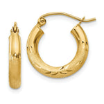 Load image into Gallery viewer, 14K Yellow Gold Satin & Diamond-cut 3mm Round Hoop Earrings 16mm length