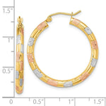 Load image into Gallery viewer, 14k Yellow Gold w/ White & Rose Rhodium Polished, Satin & Diamond-cut Hoop Earrings