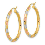 Load image into Gallery viewer, 14k Tri-Color Gold Checkered Polished Satin and Diamond-cut 35mm Hoop Earrings