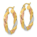 Load image into Gallery viewer, 14k Tri-color Polished & Diamond-cut Twist Hoop Earrings