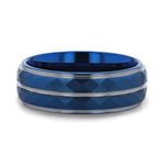 Load image into Gallery viewer, Mens Blue Ion Plated Tungsten Carbide Wedding Ring - Faceted Center And Stepped Edges - 8mm Wide - Style name: CARMEL