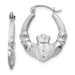 Load image into Gallery viewer, 14K White Gold Satin and Diamond-cut Claddagh Hoop Earrings 2mm width